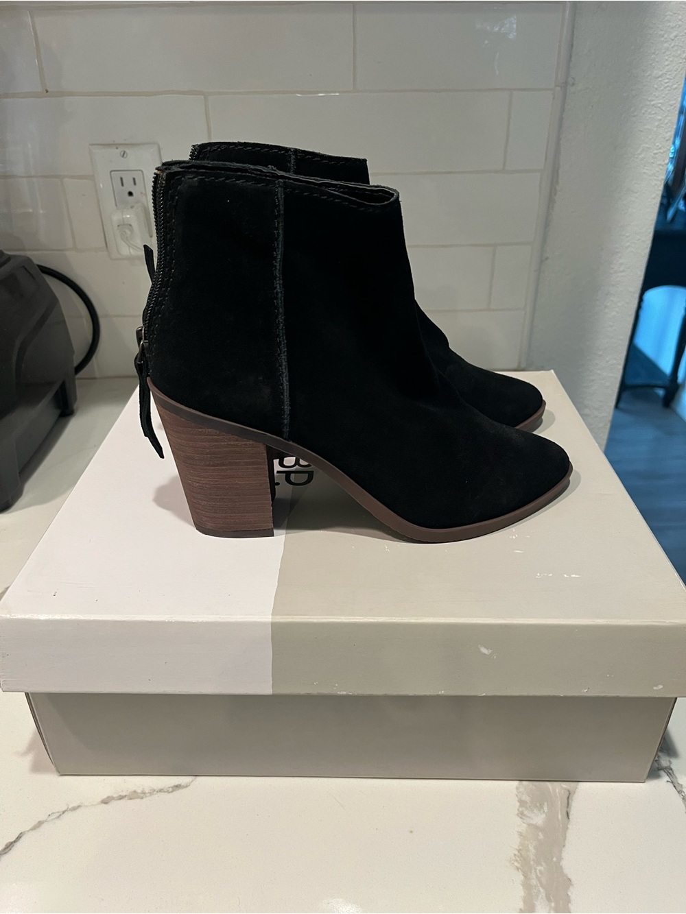 Women’s Black Suede Ankle Bootie with Stacked Heel